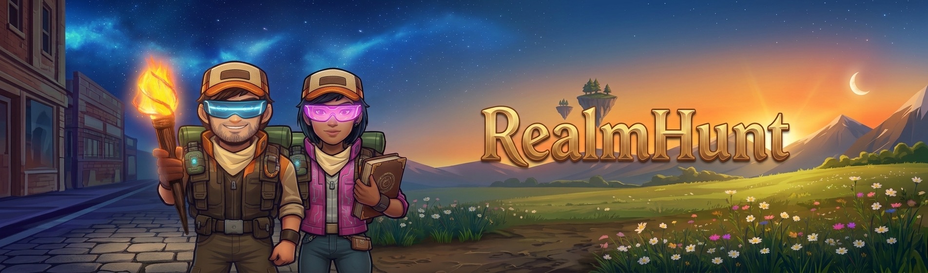 RealmHunt — two adventurers wearing glowing AR goggles stand on a cobblestone street at dusk, torch in hand, with a sunlit meadow and mountains in the distance